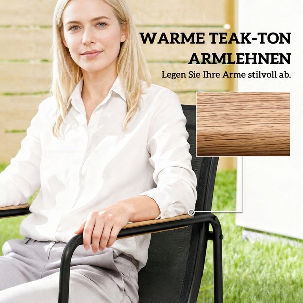 Frau sitzt in einem Gartenstuhl mit Armlehnen in Teak-Optik. Eine Detailansicht zeigt die Holzmaserung der Armlehne.