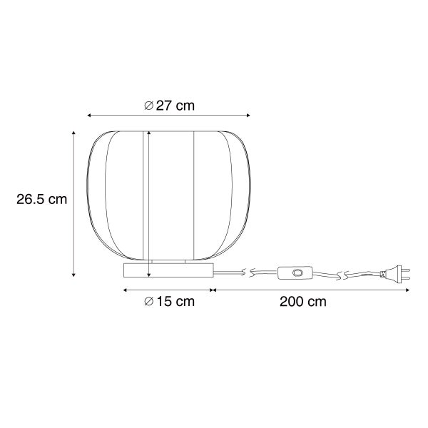 Tischleuchte Maße: Höhe 26,5 Zentimeter, Schirmdurchmesser 27 Zentimeter, Fußdurchmesser 15 Zentimeter, Kabellänge 200 Zentimeter.
