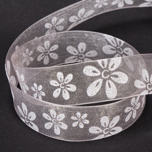 Organzaband Blumenmuster Rosa 25mm 18m – Romantisches Dekoband für Geschenke und Hochzeitsdeko