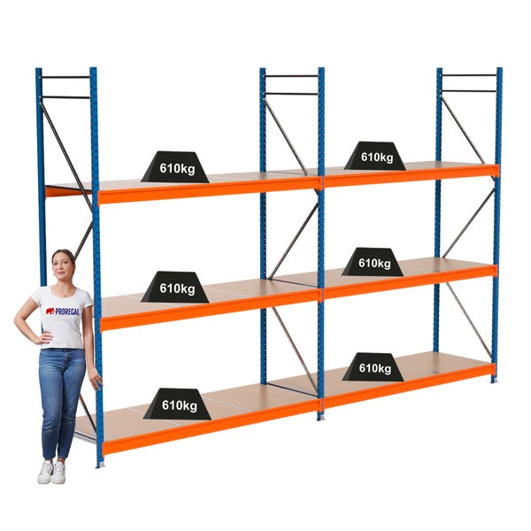 Lagerregal mit drei Ebenen und einer Traglast von 610 Kilogramm pro Ebene.