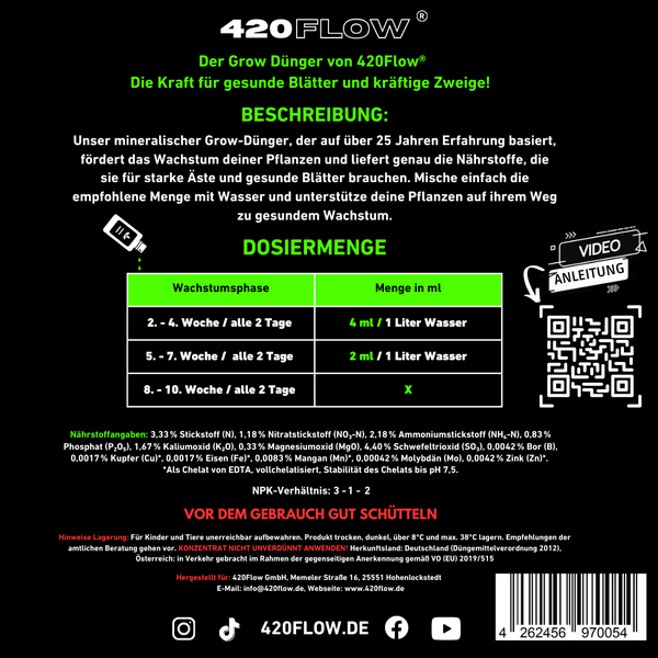 Infografik für 420Flow Grow Dünger mit Produktbeschreibung, Dosierungstabelle, Nährwertangaben, Anwendungshinweisen und QR Code für Videoanleitung.