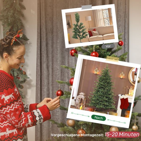 Frau dekoriert künstlichen Weihnachtsbaum. Vorher-nachher-Vergleich zeigt Aufbau. Empfohlene Montagezeit circa 15 bis 20 Minuten.