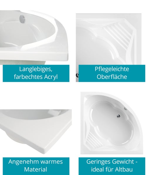 Detaillierte Ansichten einer Eckbadewanne aus Acryl mit Informationen zu Materialeigenschaften und Eignung für den Altbau.