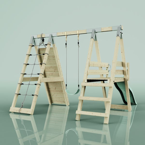 Holz-Klettergerüst für Kinder mit Schaukel, Kletternetz, Leiter und Rutsche.