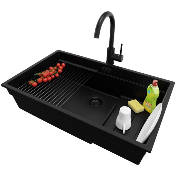 PRIMAGRAN Unterbauspüle Granit Alles Schwarz 76x47cm, Spülbecken 1 Becken + Küchenarmatur 32x20cm + Ablauf-Set + Aufrollbare Abtropffläche, Granitspüle ab 80er Unterschrank - Praga