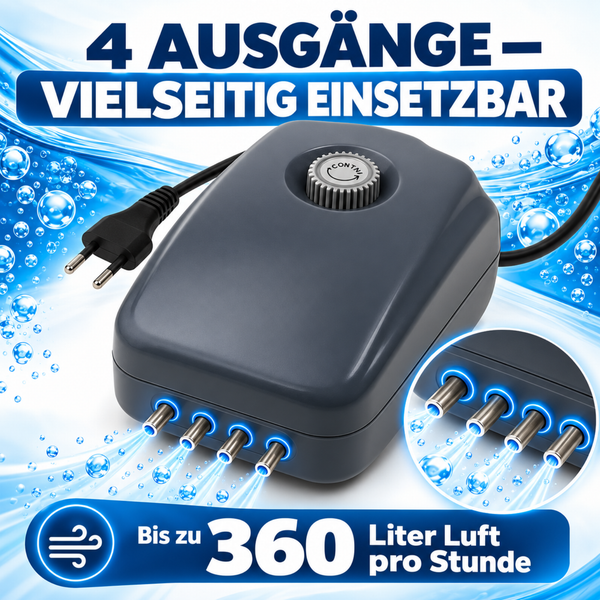 Luftpumpe für Aquarien mit vier Anschlüssen und sechs Millimeter Schlauchanschlussdurchmesser inklusive Stromkabel.