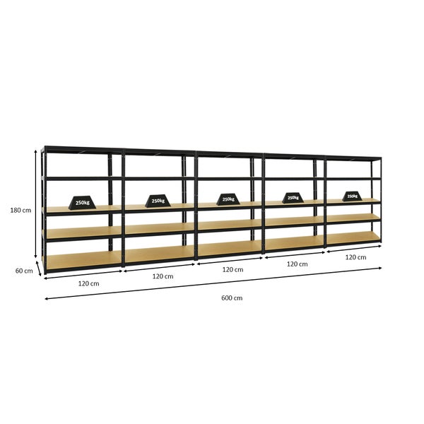 PROREGAL Mega Deal 5x Schwerlastregal Big Elephant M HxBxT 180 x 120 x 60 cm Fachlast 250 kg Schwarz