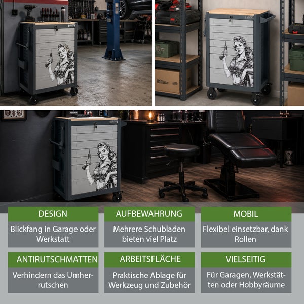 Mobiler Werkstattwagen von Trutzholm mit Schubladen, Arbeitsplatte aus Holz und Pin up Motiv für Garage, Werkstatt oder Hobbyraum.