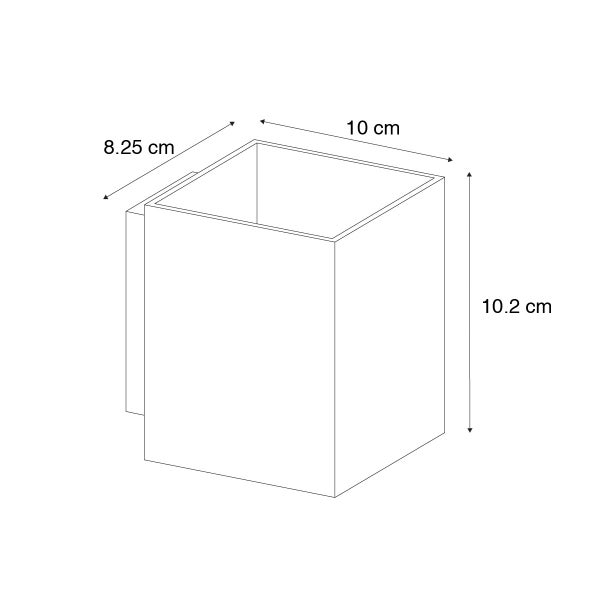 Technische Zeichnung eines Eckregals mit den Maßen 10 cm x 8,25 cm x 10,2 cm.