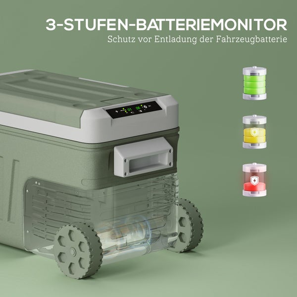 Outsunny 33 Liter Kompressor Kühlbox elektrische Kühlbox mit LED Rolle Kühlfunktion leise Gefrierbox Thermobox Mini Kühlschrank 12/230 Volt für Auto Steckdose LKW Camping Boot Grün