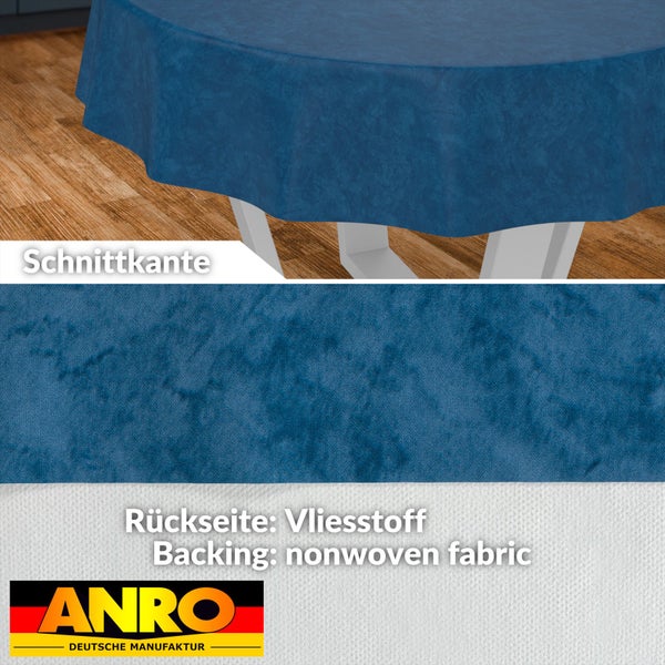 Rundes Wachstuch in Blau, Detailansicht der Schnittkante und der Rückseite aus weißem Vliesstoff, ANRO Logo.