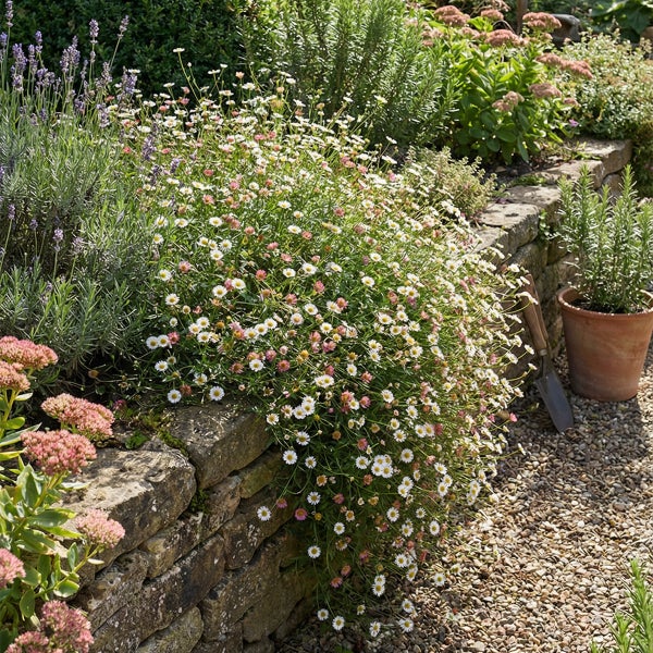 Üppig blühendes Spanisches Gänseblümchen wächst über eine Natursteinmauer im Garten neben Lavendel und einem Kiesweg.