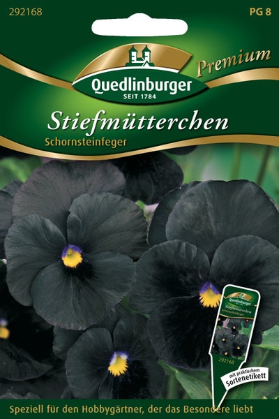 Quedlinburger Samentüte für Stiefmütterchen Schornsteinfeger mit tiefschwarzen Blüten und gelbem Zentrum, inklusive Sortenetikett.