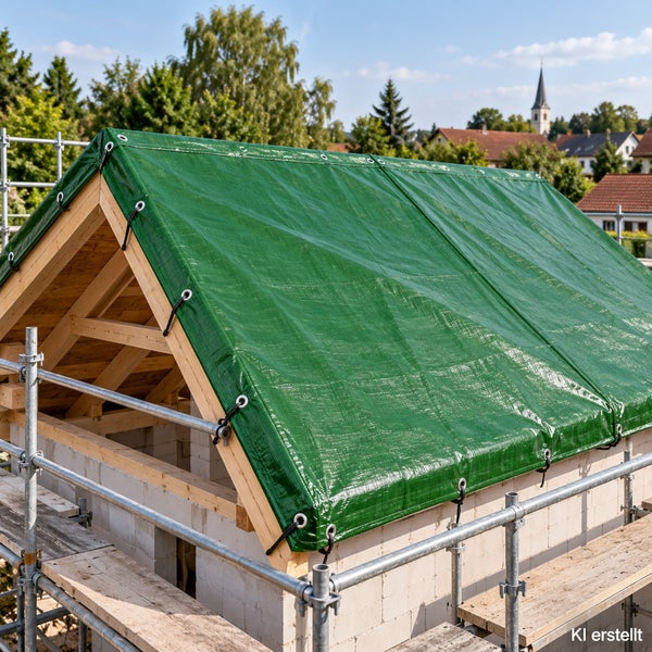 Baugerüst mit Holzdachstuhl, der mit einer wetterfesten Gewebeplane als Regenschutz für den Dachbau abgedeckt ist.
