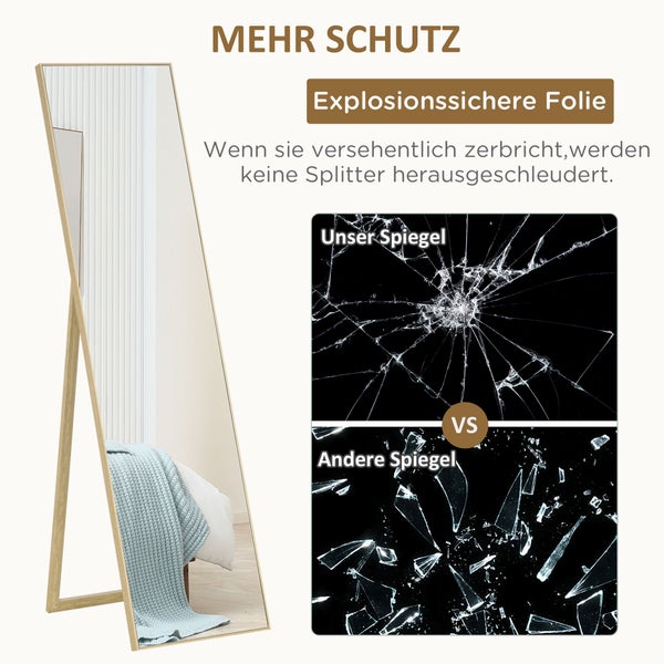 HOMCOM Standspiegel, Ganzkörperspiegel mit Holzmaserung, Ankleidespiegel, Schminkspiegel für Schlafzimmer, Wohnzimmer und Eingangsbereich, Silber+Hellbraun, 40 x 150 cm