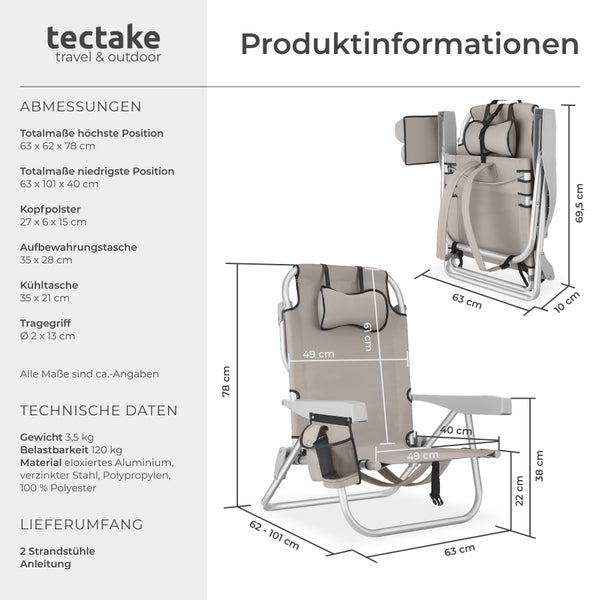 Produktinformationen zu zwei Strandstühlen von tectake mit Abmessungen