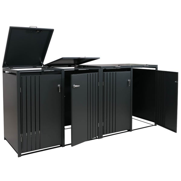 Mülltonnenbox für drei Mülltonnen mit geöffneten Türen und Deckeln