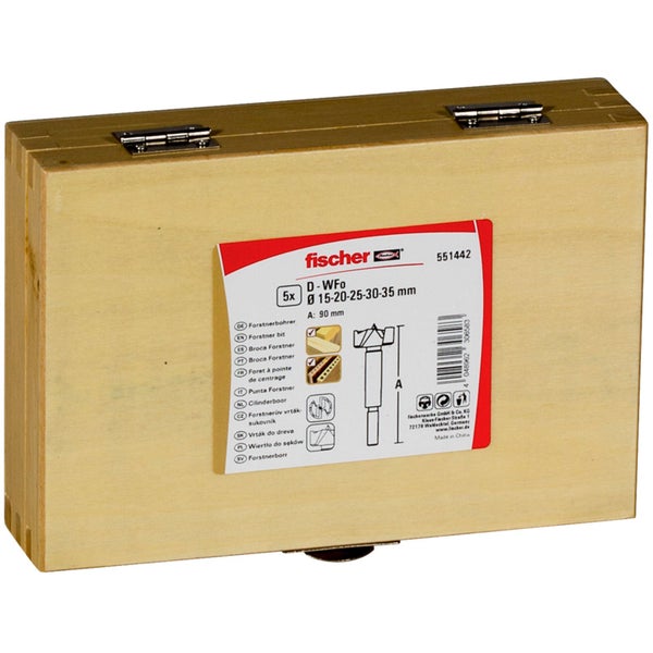 Fischer Forstnerbohrer Set in Holzbox mit fünf Bohrern