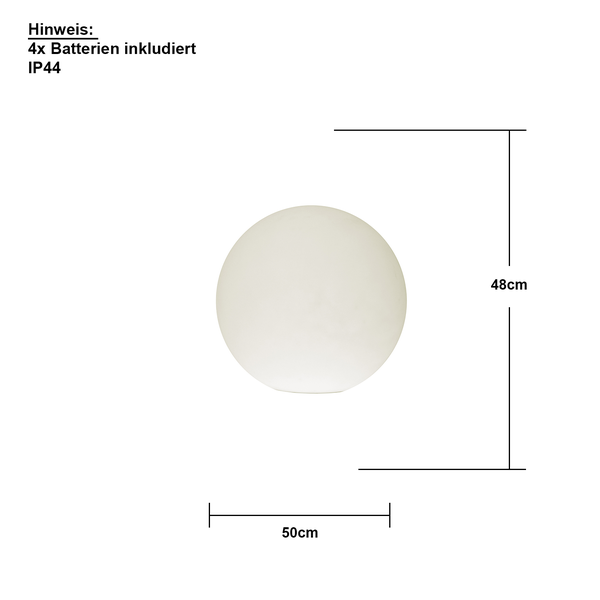 Abbildung einer kugelförmigen Leuchte mit den Maßen 50 mal 48 Zentimeter. Batterien sind im Lieferumfang enthalten. Schutzart IP44.