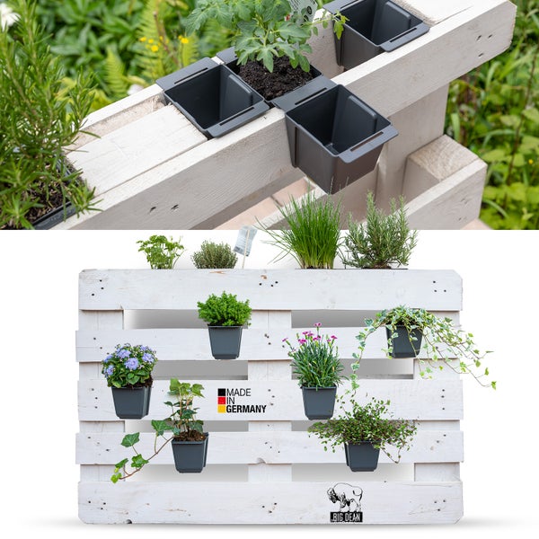 BigDean 8er Set Mini Paletten Blumenkästen - Einsatz - mit Hängesystem zum Einhängen - 10cm klein anthrazit - Pflanzkasten für Europalette Balkonkasten Blumentopf - aus recyceltem PP-Kunststoff