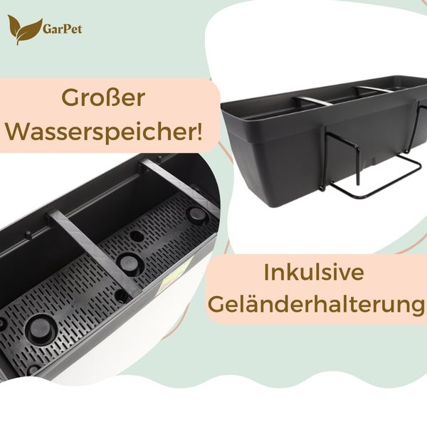 GarPet Balkonkasten mit großem Wasserspeicher und Geländerhalterung