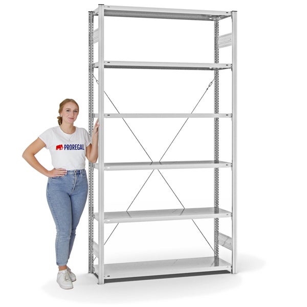 PROREGAL Fachbodenregal Stecksystem T-Profil Light-Duty Grundregal HxBxT 250 x 130 x 40 cm 6 Ebenen Fachlast 180 kg Einseitig Nutzbar Lichtgrau