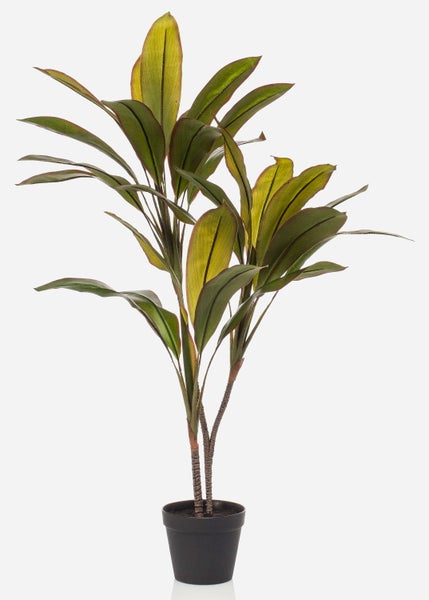 Künstliche Cordyline-Pflanze in schwarzem Kunststofftopf mit lanzettlichen Blättern und zwei strukturierten Stämmen.