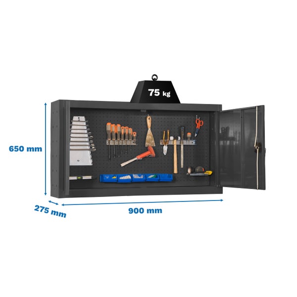 Werkzeugschrank mit Werkzeugen, Abmessungen 900 mm breit, 650 mm hoch und 275 mm tief, maximale Traglast 75 kg