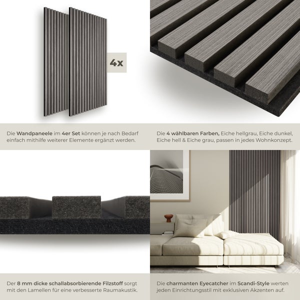 Akustikpaneele tectake Sonic Wall je 60 x 120 x 2,1 cm, Größe flexibel anpassbar Holzoptik in Eiche hellgrau Eiche hellgrau