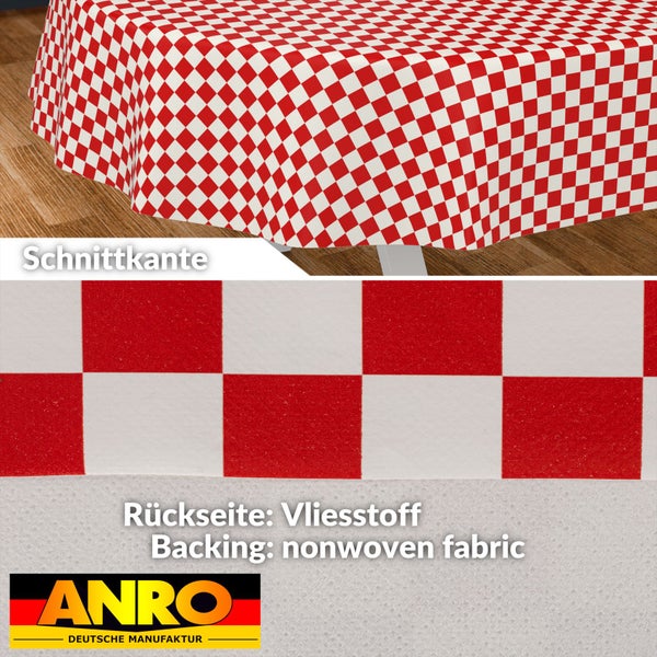 Rot-weiß karierte Tischdecke mit Vliesstoff-Rückseite, Schnittkante und ANRO Deutsche Manufaktur Logo.