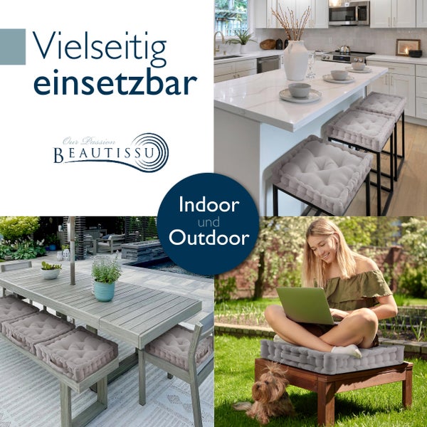 Collage mit Sitzkissen in Innen- und Aussenbereichen