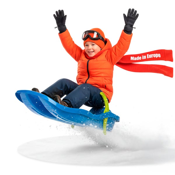 Stabiler Kinderschlitten aus Kunststoff mit Zugseil und Kunststoffgriff für den Winterspaß im Schnee, Marke Big Dean Logo.
