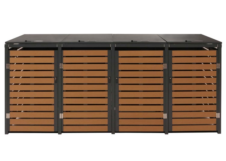 Mülltonnenbox für drei Mülltonnen aus Holz und Metall