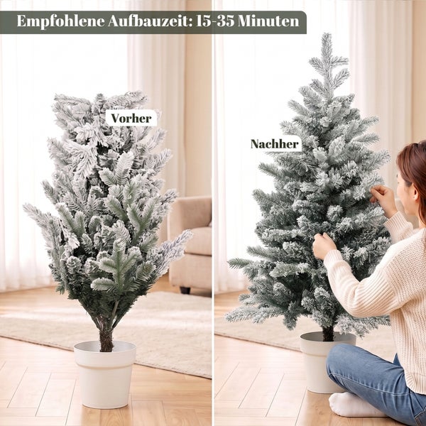 Vergleichsbild künstlicher Weihnachtsbaum in Topf, Aufbau durch Aufbiegen der Zweige in 15 bis 35 Minuten.