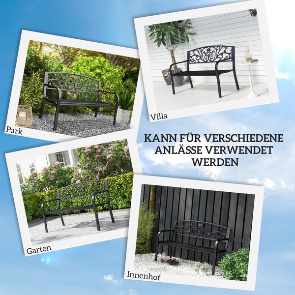 Outsunny wetterfeste Sitzbank, 2 Sitzer Balkonbank, bis 250 kg Belastbar für Balkon, 127cm x 60cm x 87cm, Metall, Schwarz