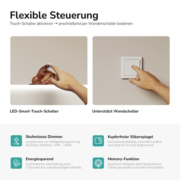 Produktgrafik für LED-Spiegel mit Touch- und Wandschalter, stufenlosem Dimmen, kupferfreiem Silber, Energiesparmodus und Memory-Funktion.