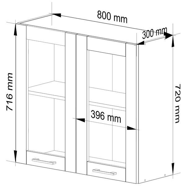 Technische Zeichnung eines Wandschranks mit den Maßen 800 x 716 x 300 Millimeter.