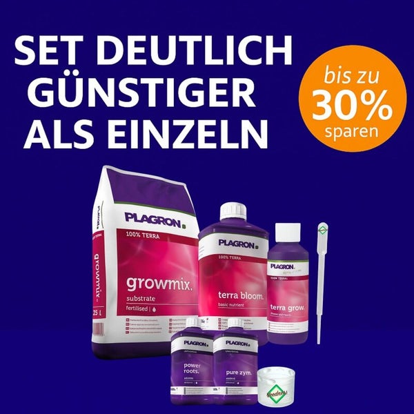 Plagron Pflanzenpflege-Set bestehend aus Substrat, Dünger, Zusätzen, Pipette und Messbecher. Bis zu 30 Prozent Ersparnis gegenüber Einzelkauf.