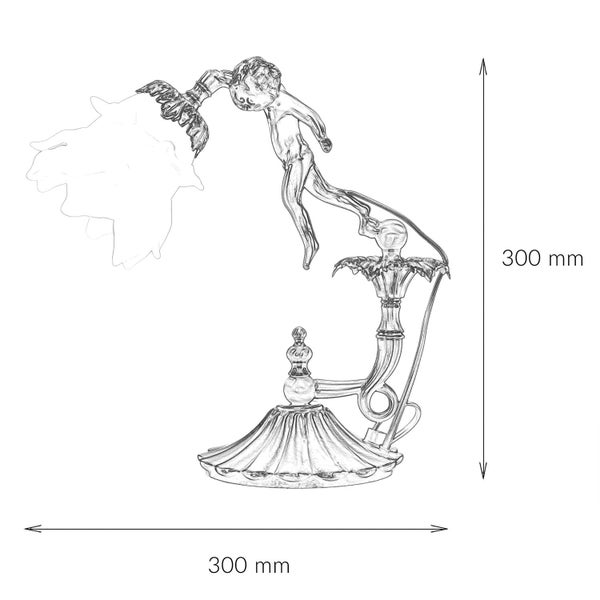 Skizze einer Tischleuchte, 300 mm breit und 300 mm hoch, mit Amorfigur