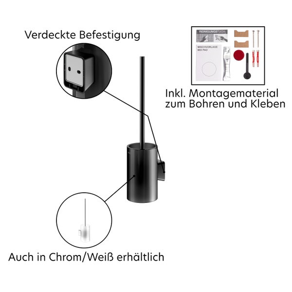 WC-Bürstengarnitur zur Wandmontage mit verdeckter Befestigung, inklusive Montagematerial zum Bohren und Kleben.