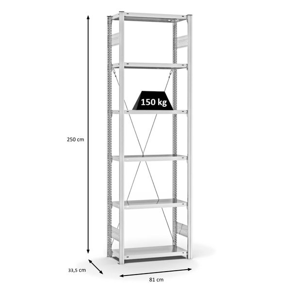 PROREGAL Fachbodenregal Stecksystem T-Profil Light-Duty Grundregal HxBxT 250 x 75 x 30 cm 6 Ebenen Fachlast 150 kg Einseitig Nutzbar Lichtgrau