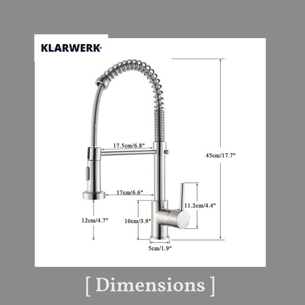 Klarwerk Küchenarmatur mit Spiralfeder-Auslauf und Brause, inklusive Maße in Zentimetern und Zoll. Klarwerk Logo.