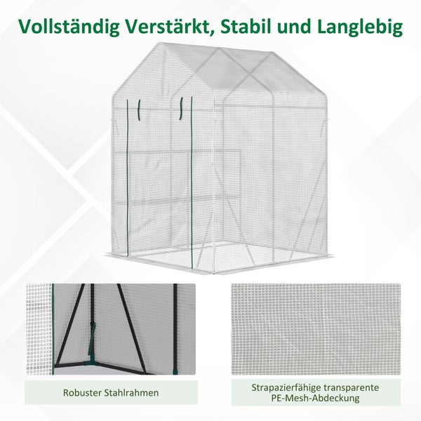 Outsunny Foliengewächshaus, begehbares Gewächshaus mit 4 Regalebenen, Reißverschlusstüren, 143 x 143 x 195 cm, Stahl, PE-KunststoffWeiß