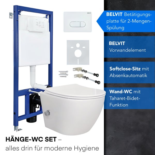 Hängetoiletten-Set mit Vorwandelement, Unterputzspülkasten, Toilettenschüssel mit Bidet-Funktion, Sitz mit Absenkautomatik und Betätigungsplatte.