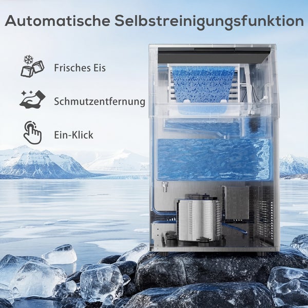 Eiswürfelmaschine mit automatischer Selbstreinigungsfunktion, frischem Eis, Schmutzentfernung und Ein-Klick-Bedienung vor arktischer Kulisse.