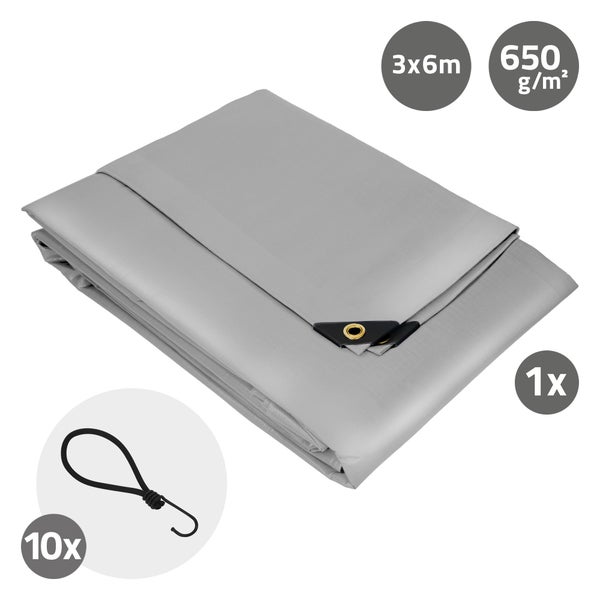 ECD Germany Premium Abdeckplane Gewebeplane mit Ösen, 6x3m 18m², 650g/m², Grau, PVC, Wasserdicht, Reißfest, 10 Haken, LKW-Plane Bootsplane Gartenplane Holzplane, Schutzplane für Gartenmöbel Pool Auto