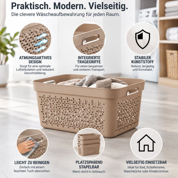 Wäschekorb aus stabilem Kunststoff mit atmungsaktivem Muster, Tragegriffen, stapelbar und leicht zu reinigen für den vielseitigen Einsatz.