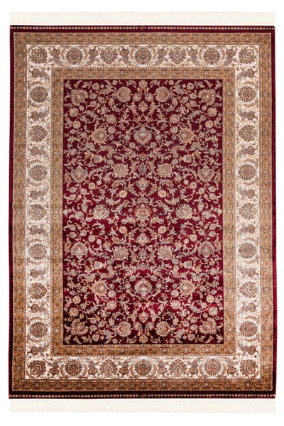 Klassischer Orientteppich mit floralem Muster, rotem Innenfeld, heller Bordüre und Fransen.