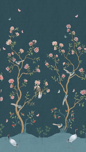Dekorative Tapete mit floralem Muster, Vögeln und Kranichen für Wandgestaltung