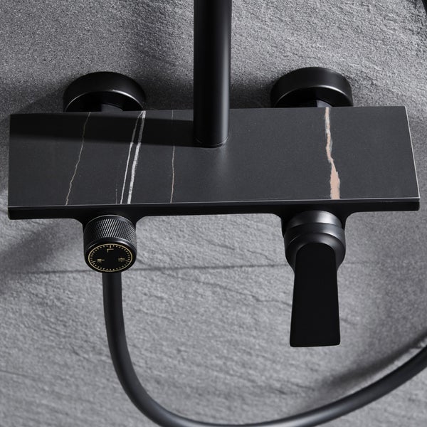 Home Deluxe - Duscharmatur mit Ablage - ICONIC - Farbe: Schwarze Marmoroptik - Höhe: 120 cm, inkl. Handbrause I Duschbrause Regendusche Designarmatur